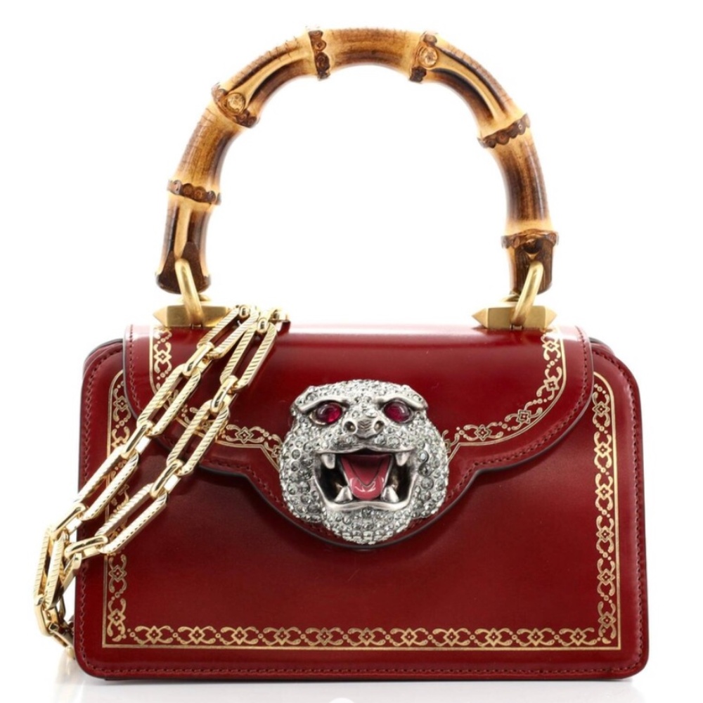 Gucci Red Leather Thiara Bamboo Small Top Handle Bag with Shoulder Chain
